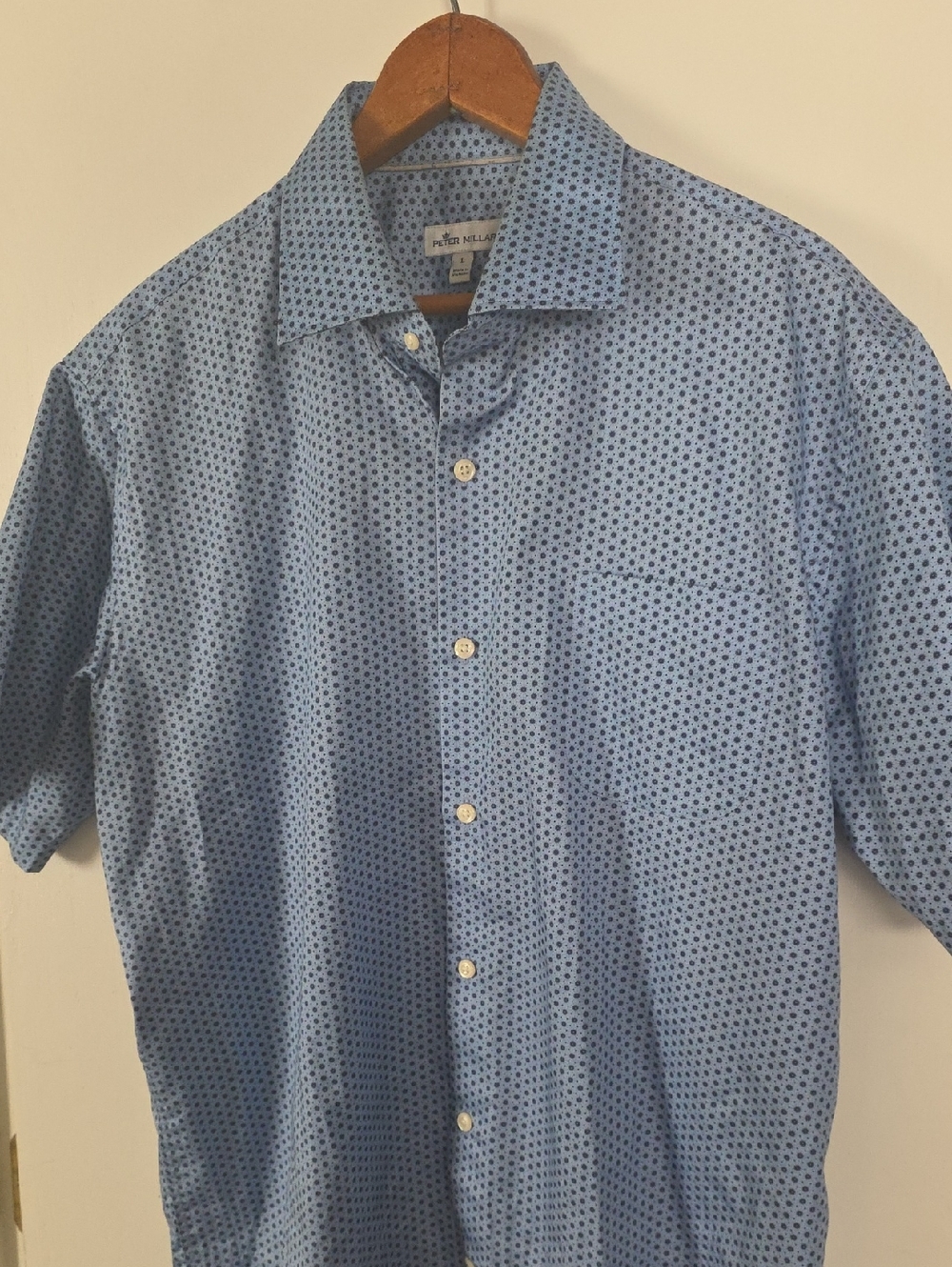 Peter Millar Large Light Blue Short-Sleeve Button-Down with Navy Microdots